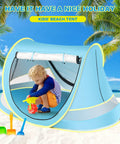 Child playing in Pop Up Baby Beach Tent For Toddlers And Infants, Portable Sun Shade For Beach And Camping, Easy Two Way Access, Blue Tent