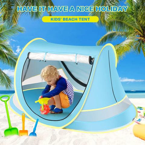 Child playing in Pop Up Baby Beach Tent For Toddlers And Infants, Portable Sun Shade For Beach And Camping, Easy Two Way Access, Blue Tent