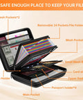 Lockable Fireproof Document Box With Water Resistant Hard Case And 25 Pocket Accordion File Organizer open with labeled compartments.