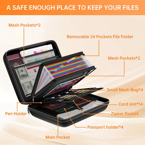Lockable Fireproof Document Box With Water Resistant Hard Case And 25 Pocket Accordion File Organizer open with labeled compartments.