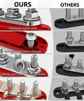 Comparison of Badass Heavy Duty 300A 12V Bus Bar Power Distribution Block features, highlighting thick copper plate and nylon base.