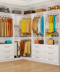 Heavy-Duty Modular Closet System With Nine Drawers And Nine Hanging Rods For Walk-In Spaces White L-Shape Corner Organizer Kit featuring organized clothing and bags.