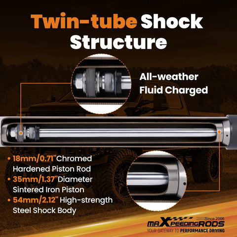 Twin-tube shock structure detail for dual steering stabilizer for Ford F 250 F 350 Super Duty 4WD lifted trucks, 2 to 8 inch lift