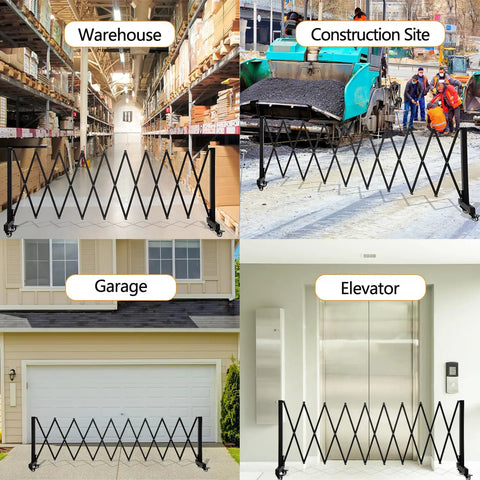Tough 11.5 Foot Expandable Barricade Gate And Retractable Metal Crowd Control Fence With Smooth Rollin Wheels for warehouse, garage, construction site, and elevator use.
