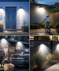 LED Solar Lights Outdoor Motion Sensor With 3 Lighting Modes installed on wall and fence for security and ambience lighting