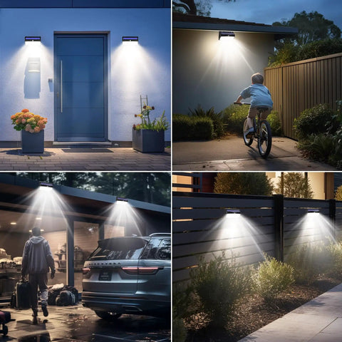 LED Solar Lights Outdoor Motion Sensor With 3 Lighting Modes installed on wall and fence for security and ambience lighting