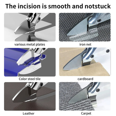 Close-up of Powerful 21V Cordless Electric Metal Shears cutting various materials including metal, iron net, and cardboard.