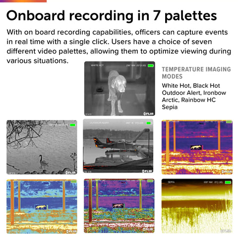 Breach PTQ136 Thermal Imaging Monocular displaying seven video palettes in 320 by 256 resolution.