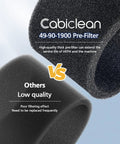 Comparison of Cabiclean 49-90-1900 pre-filter to lower quality filter, highlighting durability and efficiency for vacuums.