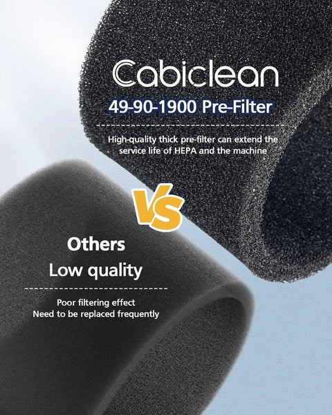Comparison of Cabiclean 49-90-1900 pre-filter to lower quality filter, highlighting durability and efficiency for vacuums.