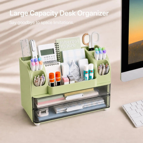 Spacious Desk Organizer With Pencil And Pen Holder 2 Drawers And Side Compartments Desktop Storage Art Supplies In Green