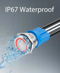 Water splashing on an LED Latching Push Button Switch 20A 5-24V Waterproof IP67 Stainless Steel 1NO with Wire Socket Plug 16mm