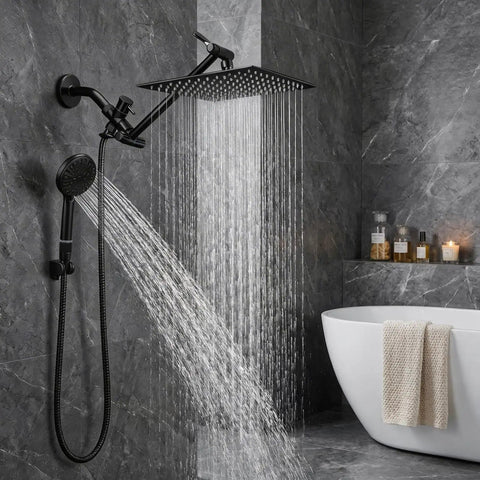 High Pressure Rainfall Shower Head And Handheld Shower Combo With 11 Inch Extension Arm 9 Settings Anti Leak Head in bathroom