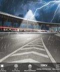 150W LED Parking Lot Light 21000 Lumens 5700K Daylight White illuminated under stormy sky with lightning on a roadway