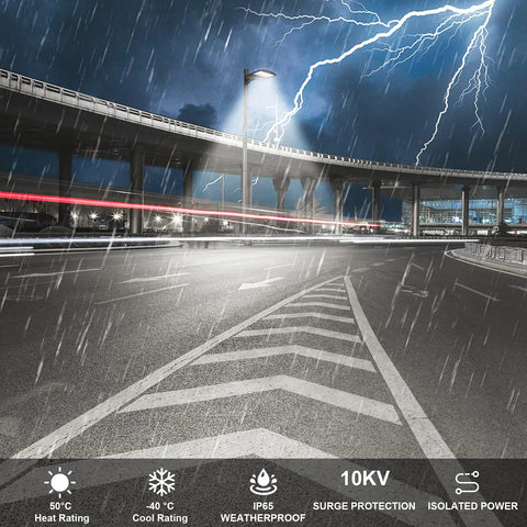 150W LED Parking Lot Light 21000 Lumens 5700K Daylight White illuminated under stormy sky with lightning on a roadway