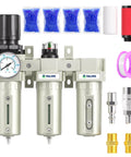 Front view of Beefy Heavy Duty 0 to 240 PSI Three Quarter Inch NPT Air Drying System with filtration components and accessories.