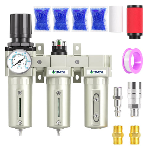 Front view of Beefy Heavy Duty 0 to 240 PSI Three Quarter Inch NPT Air Drying System with filtration components and accessories.