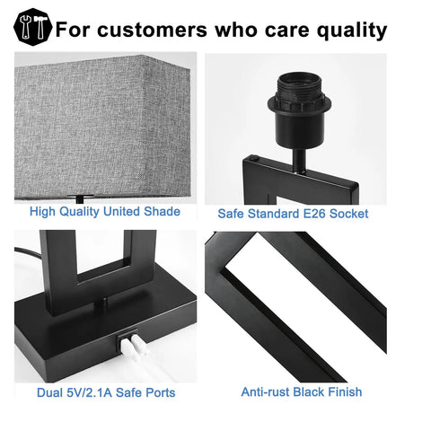Detailed components of Two Pack 22 Inch Tall Touch Control Table Lamps With 2 USB Ports, gray fabric shade, E26 socket, black finish.
