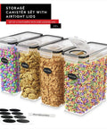 Set Of 4 Airtight Cereal Storage Canisters 4L Each With Lids, BPA Free Food Storage Jars For Pantry Organization shown filled with cereals and labels