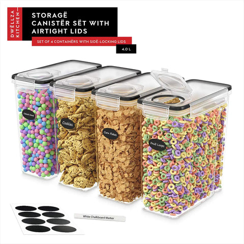 Set Of 4 Airtight Cereal Storage Canisters 4L Each With Lids, BPA Free Food Storage Jars For Pantry Organization shown filled with cereals and labels
