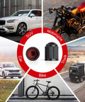 Premium Tire Valve Caps With O Ring For Cars, Bicycles, Motorcycles, SUVs And Trucks Black 100 Count Pack shown with vehicles