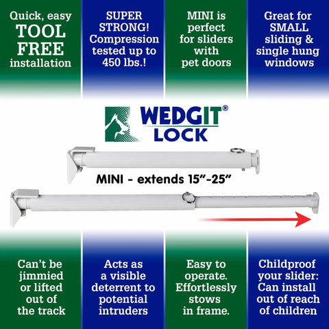 White Mini Twist Sliding Door Security Bar Extends 15 To 25 Inches Keeps Pet Door Panels Safe Blocks Prying Hands Ideal For Single Hung And Sliding Windows Easy Lockdown For Home Or Apartment image showing bar with tool-free installation features.