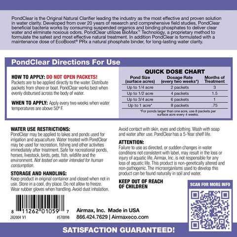 PondClear directions label with dosage chart, 12 packets, for Easy To Use Beneficial Bacteria Pond Clarifier Packets For Clear Water, 12 Count, Fast, Lasting Results With A No Fuss Dose For Your Pond And A Cleaner, Healthier Ecosystem.