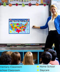 Teacher using US Map Poster With All 50 State Flags Laminated 14x19.5 In Educational Wall Chart for kids during a class lesson.