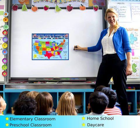 Teacher using US Map Poster With All 50 State Flags Laminated 14x19.5 In Educational Wall Chart for kids during a class lesson.