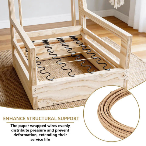 Heavy Duty Upholstery Stay Wire And Sofa Spring Repair Kit With 120 Sturdy Clips For No Sweat Couch Fixes 50 Feet Paper Wrapped Wire showing structural support in a chair.