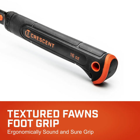 Close-up of comfort grip handle on 16 Oz Beefy Steel Rip Hammer For Heavy Duty Demolition And Framing Work with branding