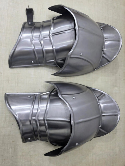 Epic Medieval Pauldron Armor Set Spaulders Pair For Cosplay and LARP with silver metallic finish and authentic plate design