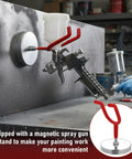 Heavy Duty Magnetic Paint Spray Gun Holder Rack Two Piece Wall Mount Storage System showing magnetic spray gun stand on a work surface.