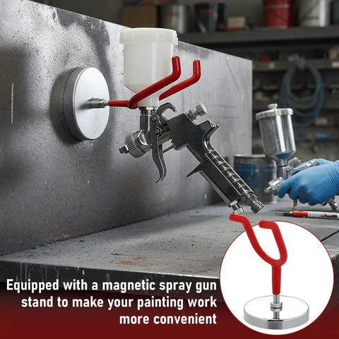 Heavy Duty Magnetic Paint Spray Gun Holder Rack Two Piece Wall Mount Storage System showing magnetic spray gun stand on a work surface.