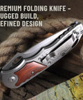 Everyday Carry Folding Knife For Men With 5Cr15MoV Stainless Steel Blade And Wood Handle on rope and map background