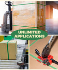 Heavy Duty Pallet Strapping Roll For Packaging And Banding In Green Polyester PET Industrial Grade Workhorse Coil 500 Ft Length 5/8 Inch Width 0.035 Inch Thickness 1400 Lb Break Strength Rust Resistant Self Dispensing Box Kit used on pallets and boxes