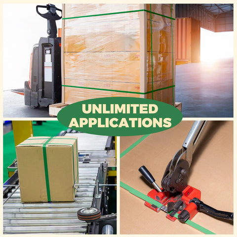 Heavy Duty Pallet Strapping Roll For Packaging And Banding In Green Polyester PET Industrial Grade Workhorse Coil 500 Ft Length 5/8 Inch Width 0.035 Inch Thickness 1400 Lb Break Strength Rust Resistant Self Dispensing Box Kit used on pallets and boxes