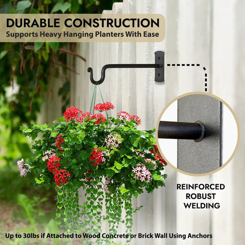 Heavy Duty Wrought Iron Plant Hanger Set Of Two For Indoor Or Outdoor Use Metal Wall Bracket Hooks To Hang Plants Baskets Lanterns And Bird Feeders Classic Black Shepherd Hook Style 7.5 Inch mounted on wall holding hanging plant