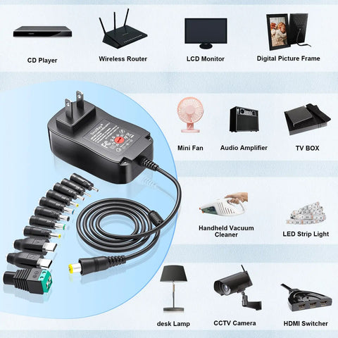 Universal 48W AC DC Power Adapter with 11 interchangeable tips for multi voltage use with various household electronics