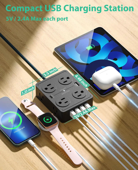 Totally Stacked 8 Outlets Power Strip Surge Protector With 6 USB Ports USB C 20W And USB A 20W shown charging devices