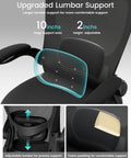 Close-up of ergonomic desk chair with adjustable lumbar support and flip-up armrests, breathable mesh back in black.