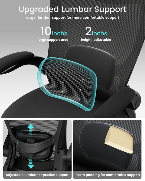 Close-up of ergonomic desk chair with adjustable lumbar support and flip-up armrests, breathable mesh back in black.