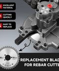 NEWTRY Replacement Saw Blades For Electric Rebar Cutter 140mm Diameter 34Mm Arbor Hole With 36 Teeth Ceramic Alloy Construction mounted on a rebar cutter.