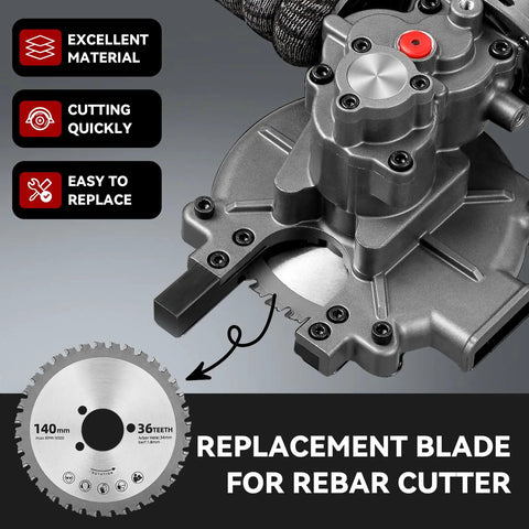 NEWTRY Replacement Saw Blades For Electric Rebar Cutter 140mm Diameter 34Mm Arbor Hole With 36 Teeth Ceramic Alloy Construction mounted on a rebar cutter.