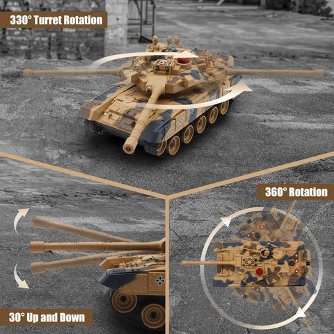 1 24 RC Battle Tank Set With T90 And Leopard Tanks Realistic Sounds Lights Spray Effects Four Life Indicators. T90 tank showing turret and rotation angles.