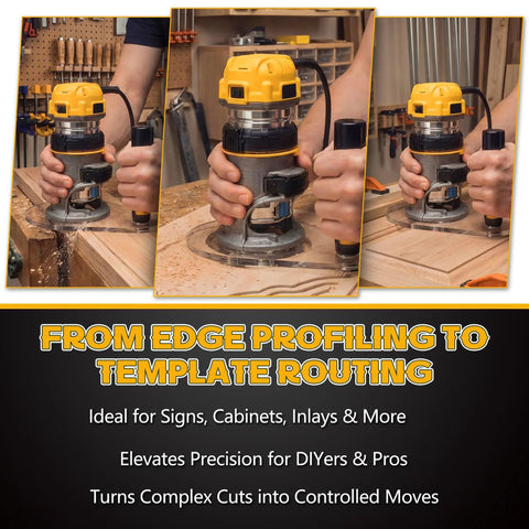 Precision Router Base Plate Delivering Dead Nuts Alignment And Killer Stability For Compact Woodworking Compatible With Dewalt DwP611 And Dcw600B Single Handle Routers in use with a router.