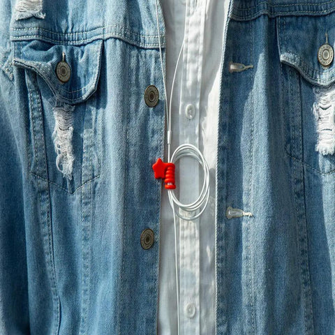 Reusable Silicone Magnetic Cable Ties 7.48 Inch Magnetic Twist Ties in use with red tie on denim jacket for organizing cables