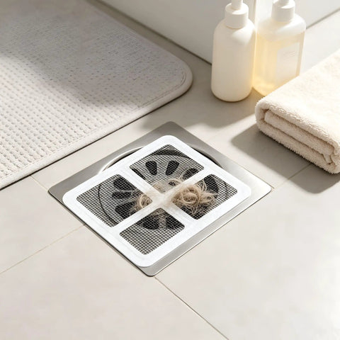 Hair Drain Stickers 100Pcs Disposable Self Adhesive on a shower drain, capturing hair and soap scraps.