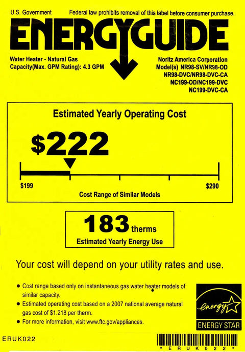 ENERGYGUIDE label for water heater showing yearly operating cost and energy use details, 4.3 GPM capacity.