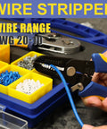 Hand holding wire stripper from 8 Piece Ratchet Crimping Tool Set For Heat Shrink Insulated Nylon Non Insulated Ferrule Wire Ends